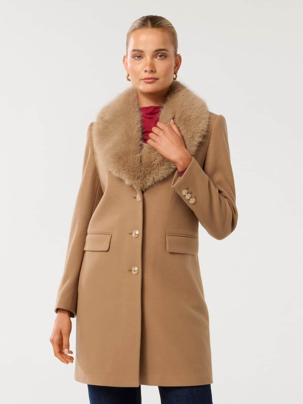 Ever New Camel Wool Blend Pea Coat with Removable Faux Fur Collar